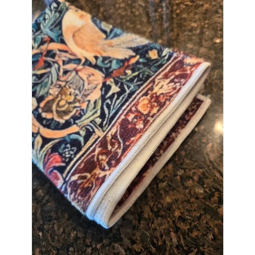 Floral Bird Tapestry Kitchen Towels Pair - Navy, Tan & Red